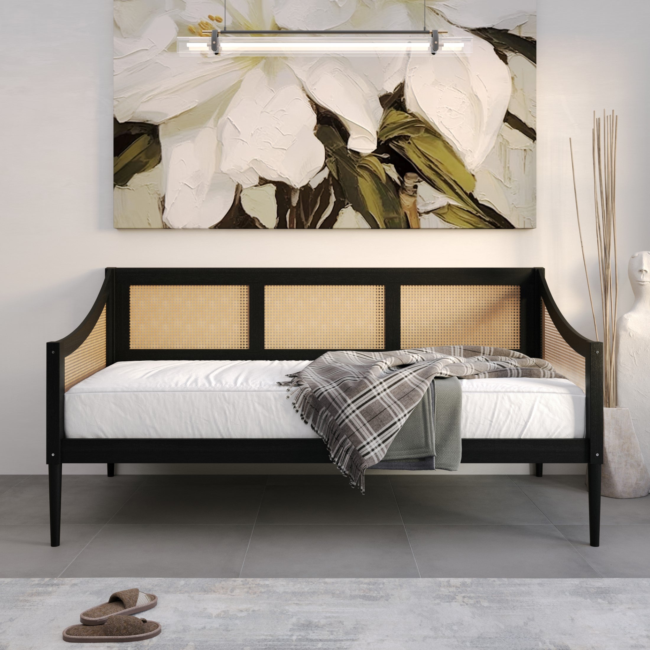 Elko Twin Daybed with Natural Wood Grain Frame, Rattan Accents