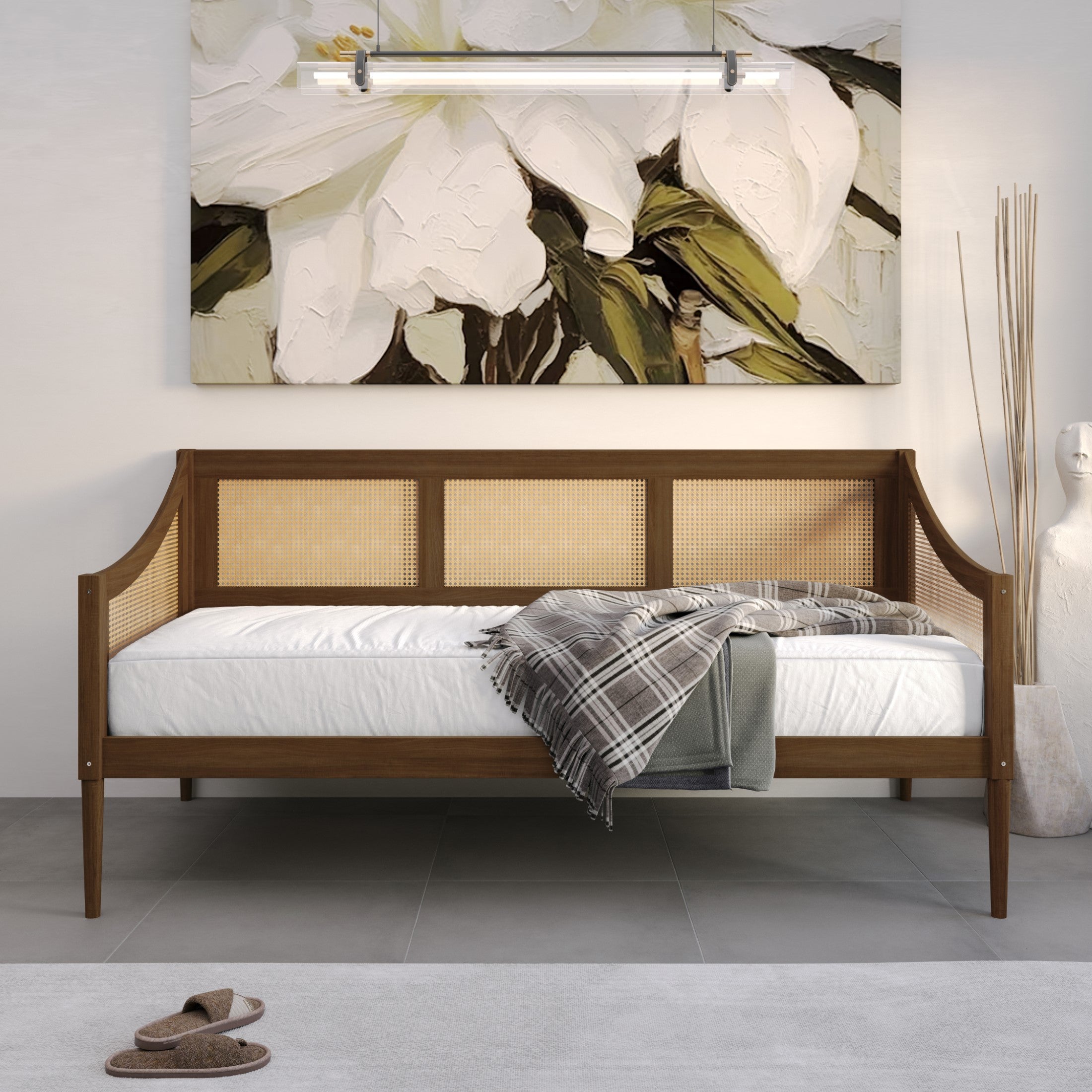 Elko Twin Daybed with Natural Wood Grain Frame, Rattan Accents