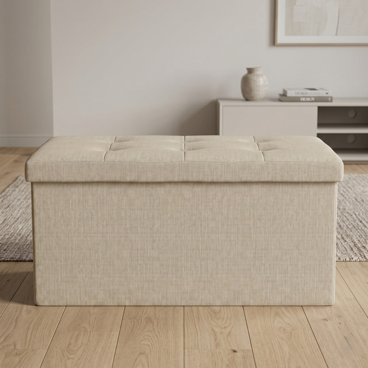 Florence Upholstered Folding Storage Bench with Foam Filled Seat, Multi-Purpose Rectangular Design for Seating, Footrest, or Hidden Storage in Living Room or Office, Beige Linen