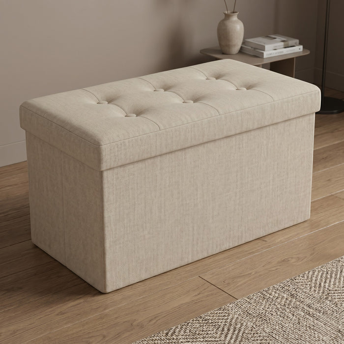 Florence Upholstered Folding Storage Bench with Foam Filled Seat, Multi-Purpose Rectangular Design for Seating, Footrest, or Hidden Storage in Living Room or Office, Beige Linen