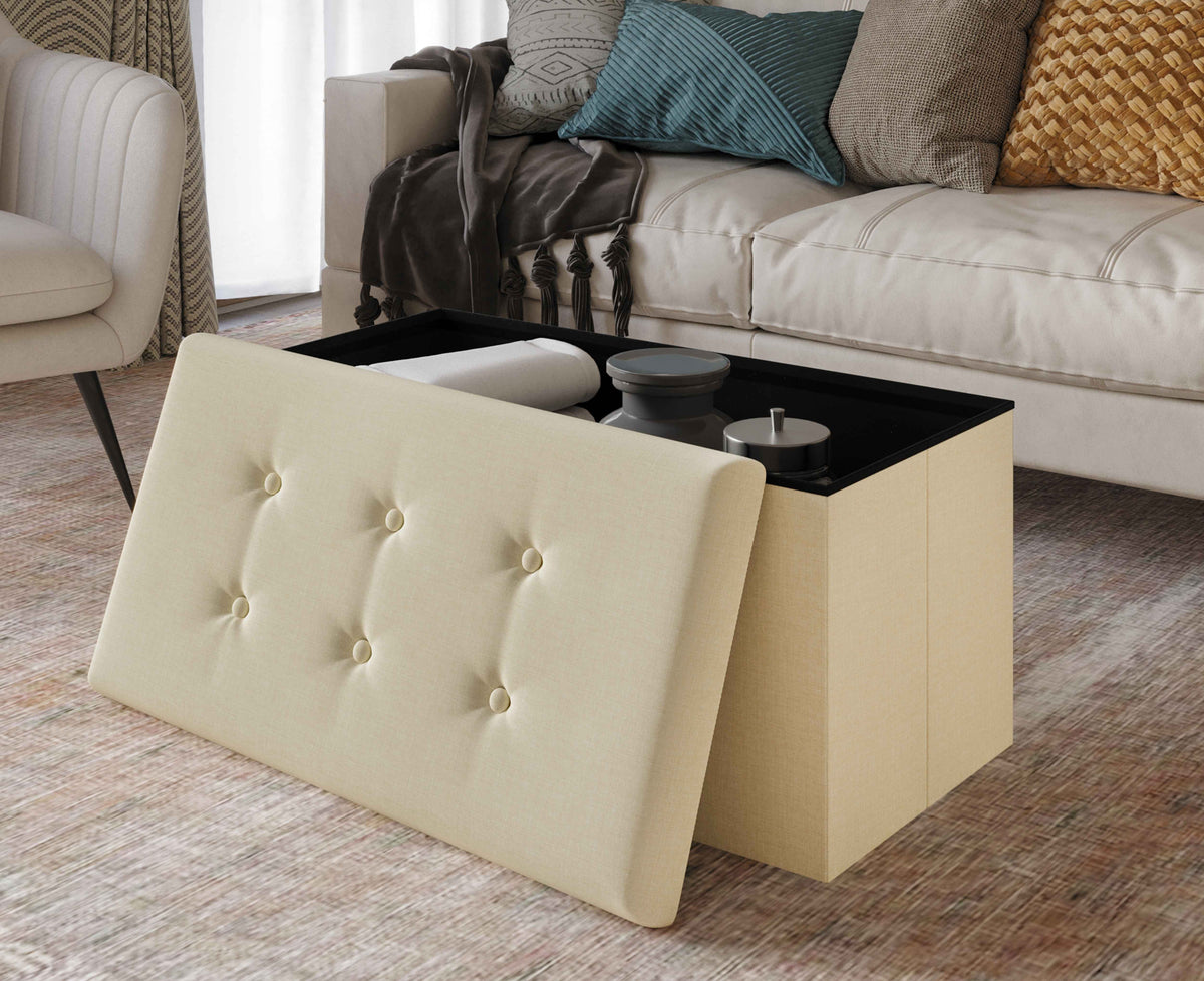 Home Design Florence Upholstered Folding Storage Bench For Adult, Beige Linen