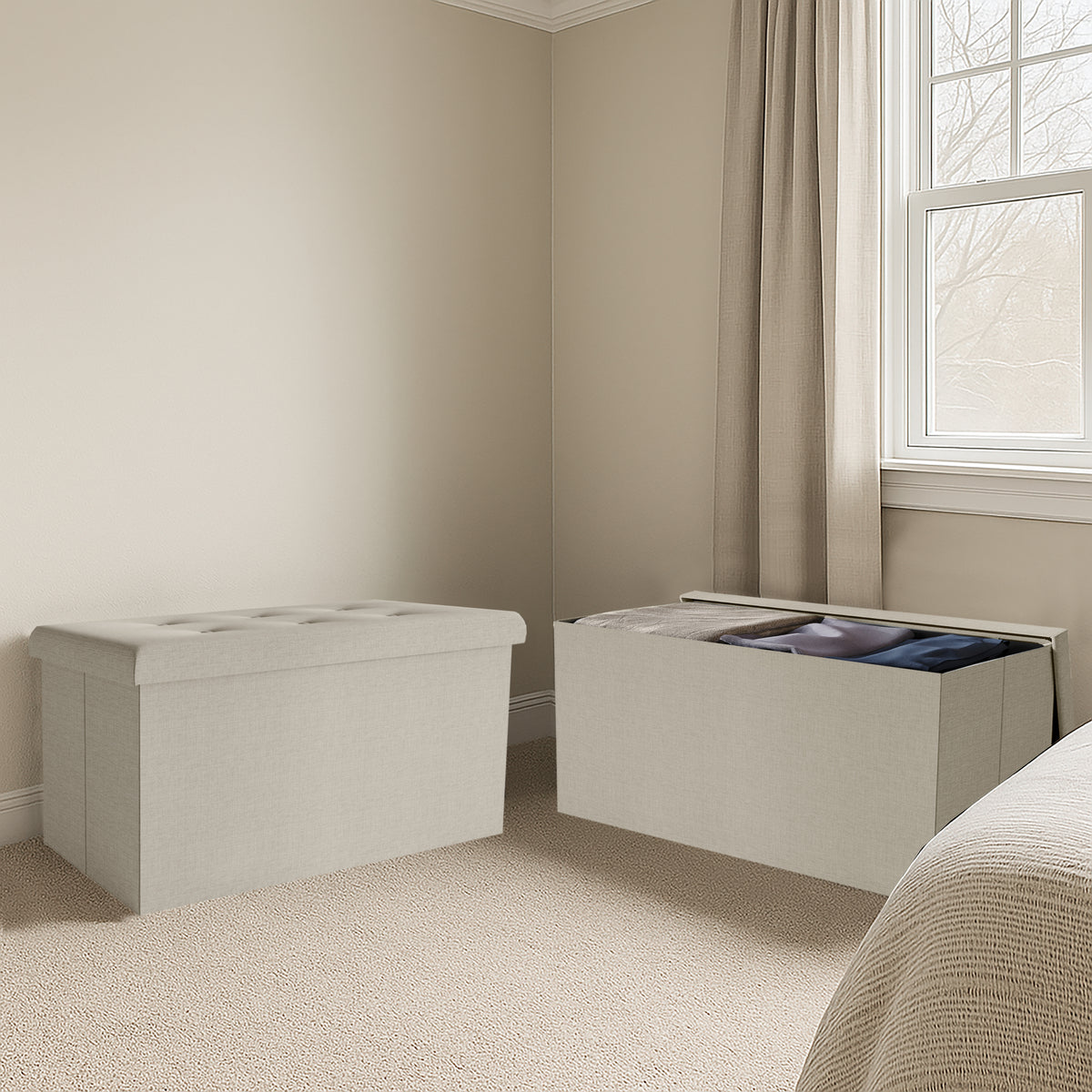 Florence Upholstered Folding Storage Bench with Foam Filled Seat, Multi-Purpose Rectangular Design for Seating, Footrest, or Hidden Storage in Living Room or Office, Beige Linen