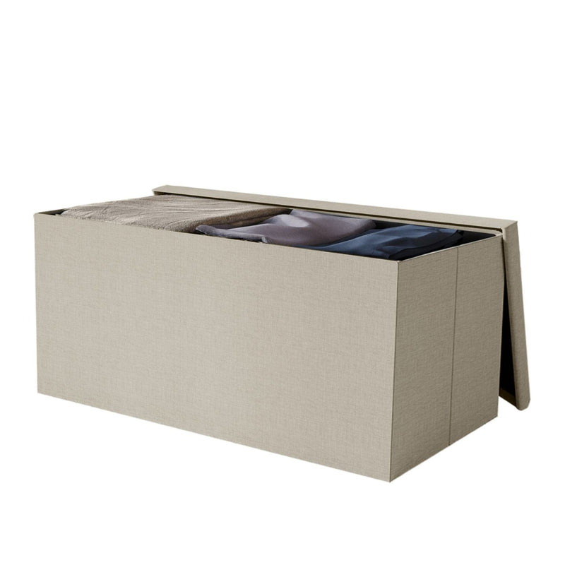 Florence Upholstered Folding Storage Bench with Foam Filled Seat, Multi-Purpose Rectangular Design for Seating, Footrest, or Hidden Storage in Living Room or Office, Beige Linen
