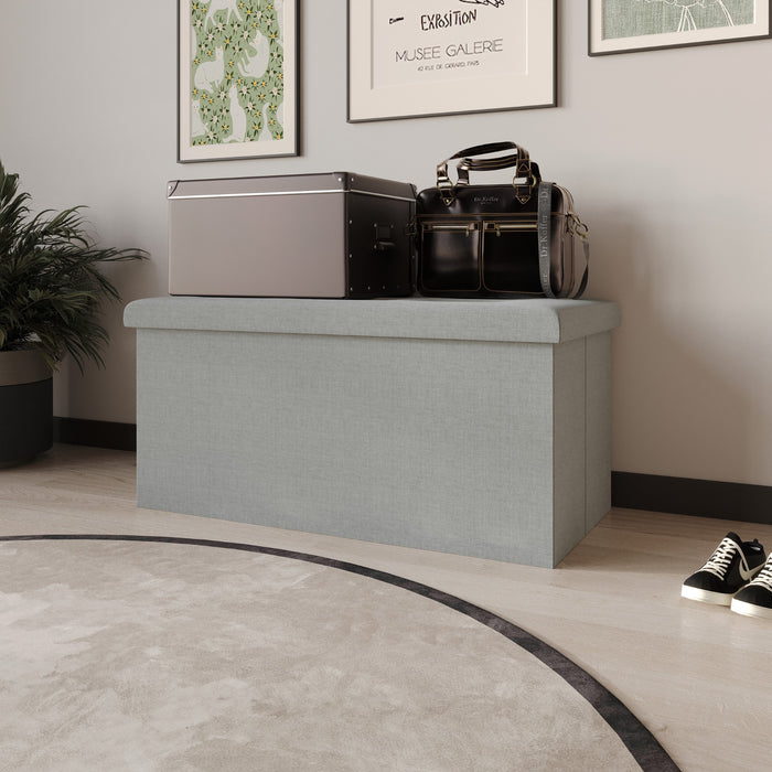Florence Upholstered Folding Storage Bench with Foam Filled Seat, Multi-Purpose Rectangular Design for Seating, Footrest, or Hidden Storage in Living Room or Office, Gray Linen