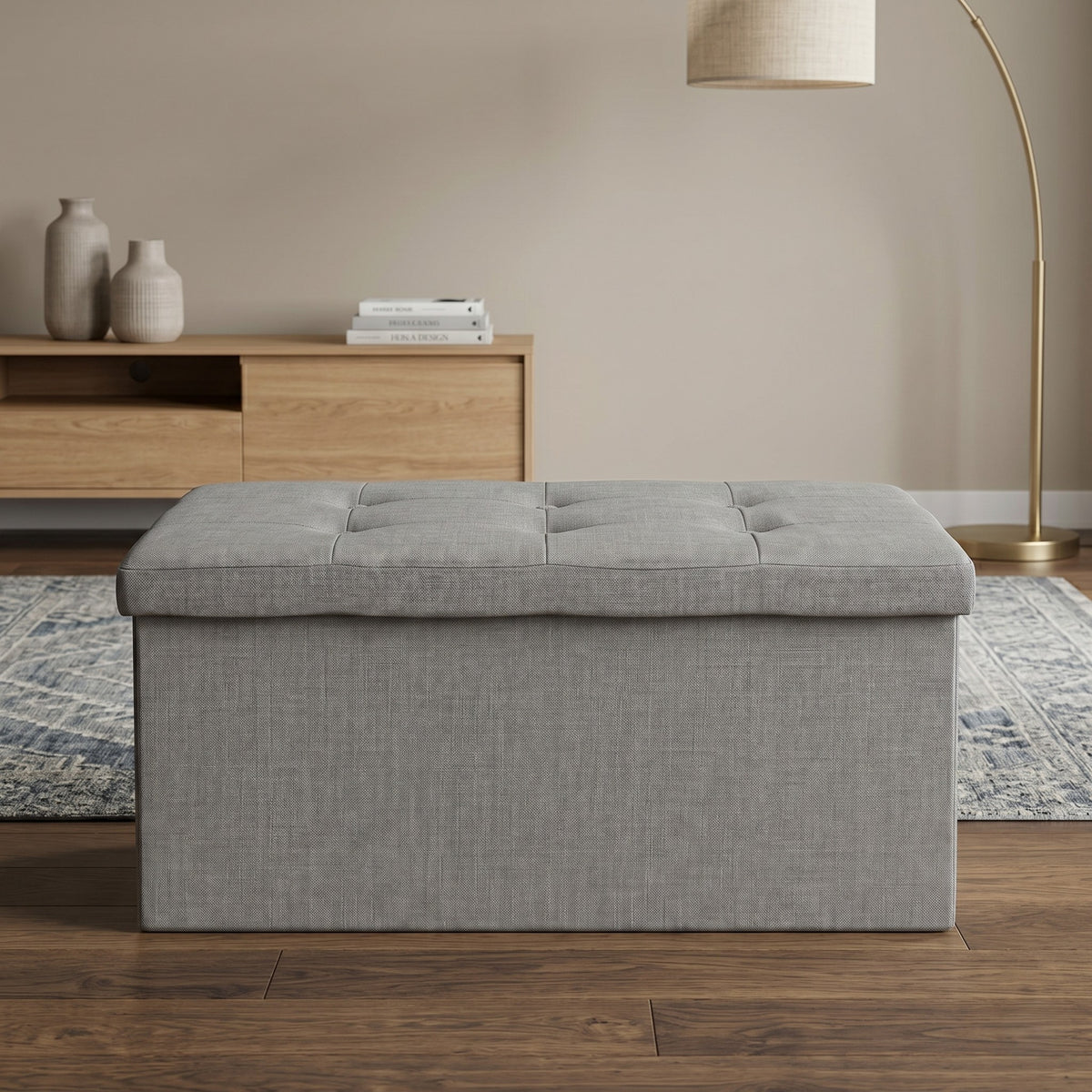 Florence Upholstered Folding Storage Bench with Foam Filled Seat, Multi-Purpose Rectangular Design for Seating, Footrest, or Hidden Storage in Living Room or Office, Gray Linen