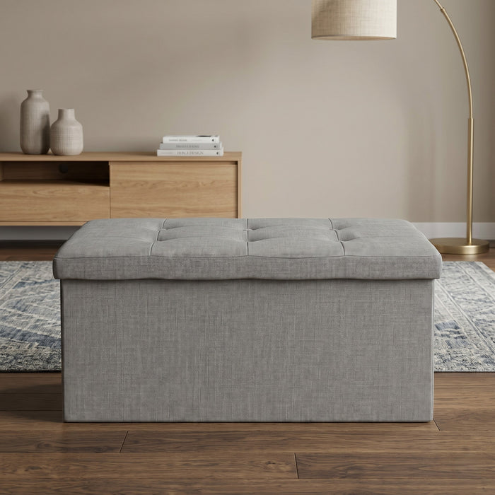 Florence Upholstered Folding Storage Bench with Foam Filled Seat, Multi-Purpose Rectangular Design for Seating, Footrest, or Hidden Storage in Living Room or Office, Gray Linen