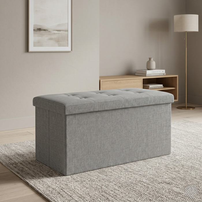 Florence Upholstered Folding Storage Bench with Foam Filled Seat, Multi-Purpose Rectangular Design for Seating, Footrest, or Hidden Storage in Living Room or Office, Gray Linen