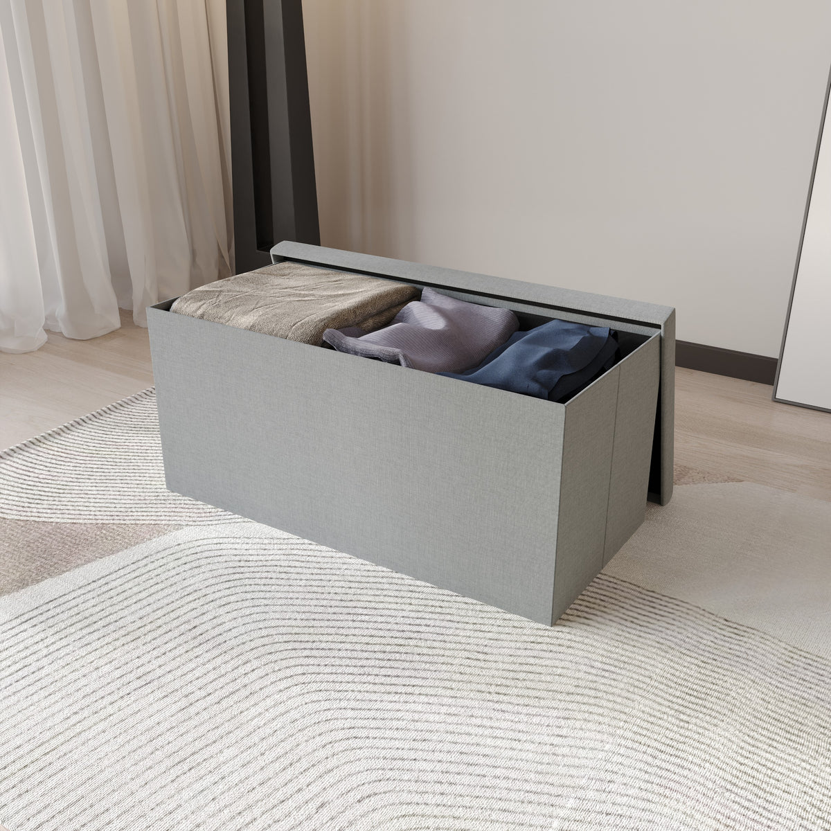 Florence Upholstered Folding Storage Bench with Foam Filled Seat, Multi-Purpose Rectangular Design for Seating, Footrest, or Hidden Storage in Living Room or Office, Gray Linen