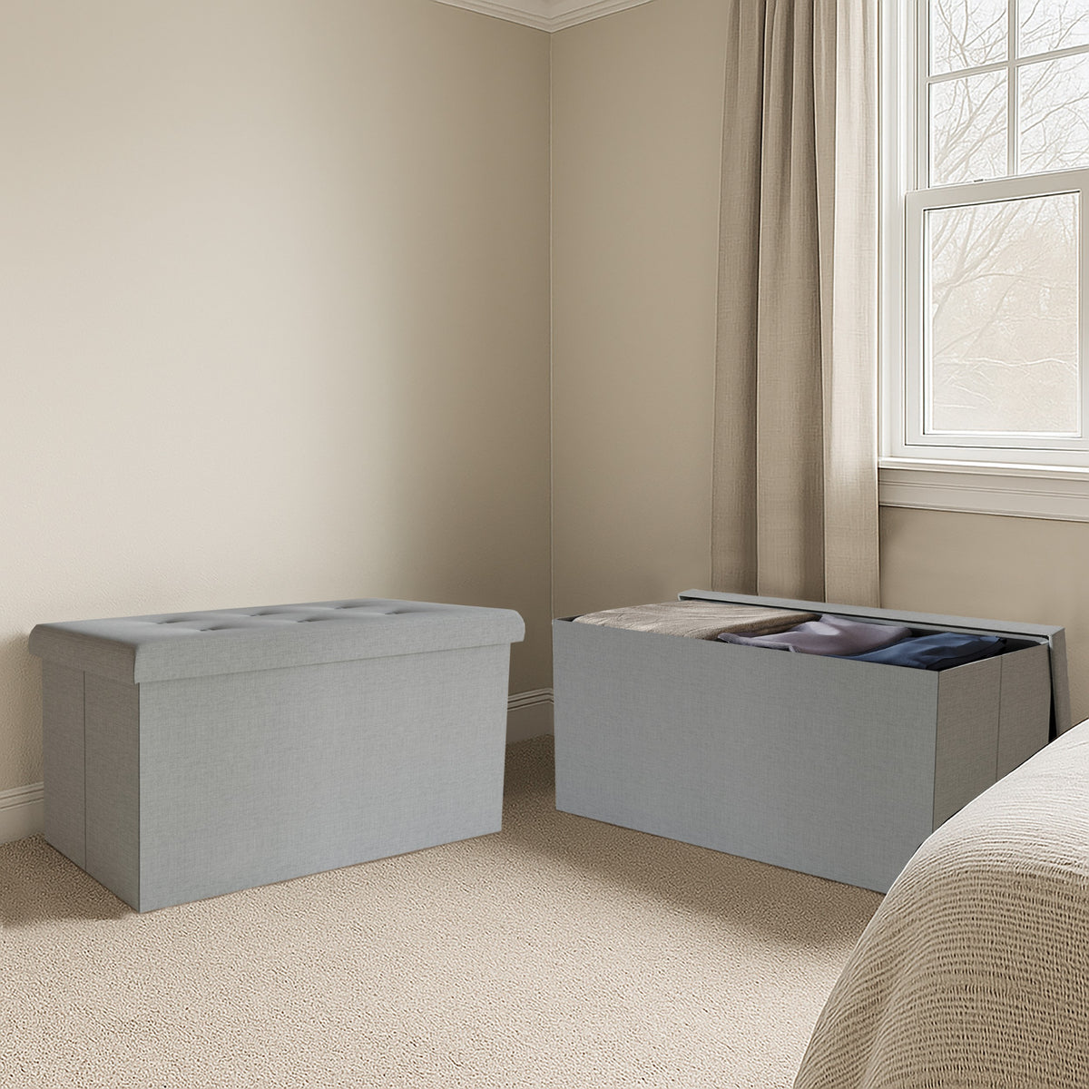 Florence Upholstered Folding Storage Bench with Foam Filled Seat, Multi-Purpose Rectangular Design for Seating, Footrest, or Hidden Storage in Living Room or Office, Gray Linen