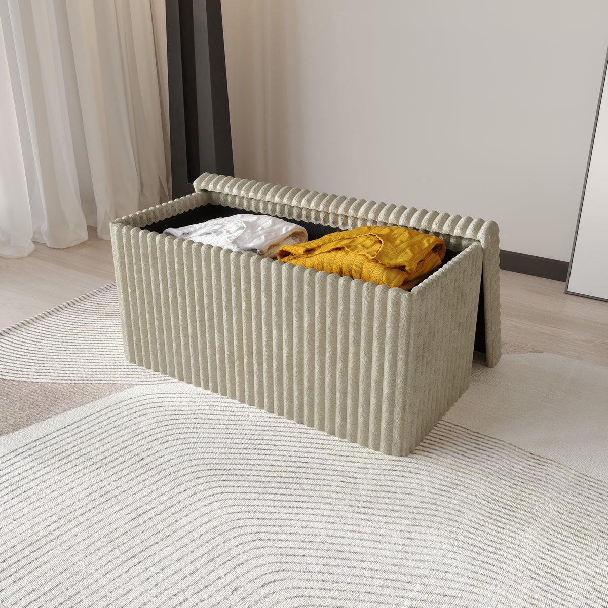 Florence Upholstered Folding Storage Bench with Foam Filled Seat, Multi-Purpose Rectangular Design for Seating, Footrest, or Hidden Storage in Living Room or Office