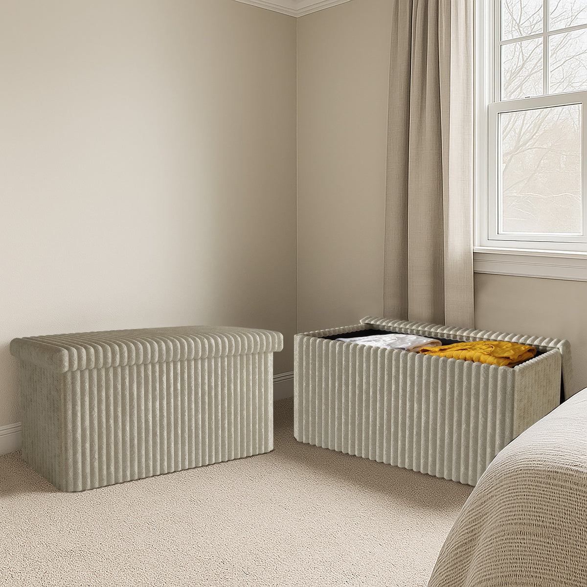 Florence Upholstered Folding Storage Bench Set of 2 with Foam Filled Seat, Multi-Purpose Rectangular Ottoman for Seating and Hidden Storage in Living Room or Office
