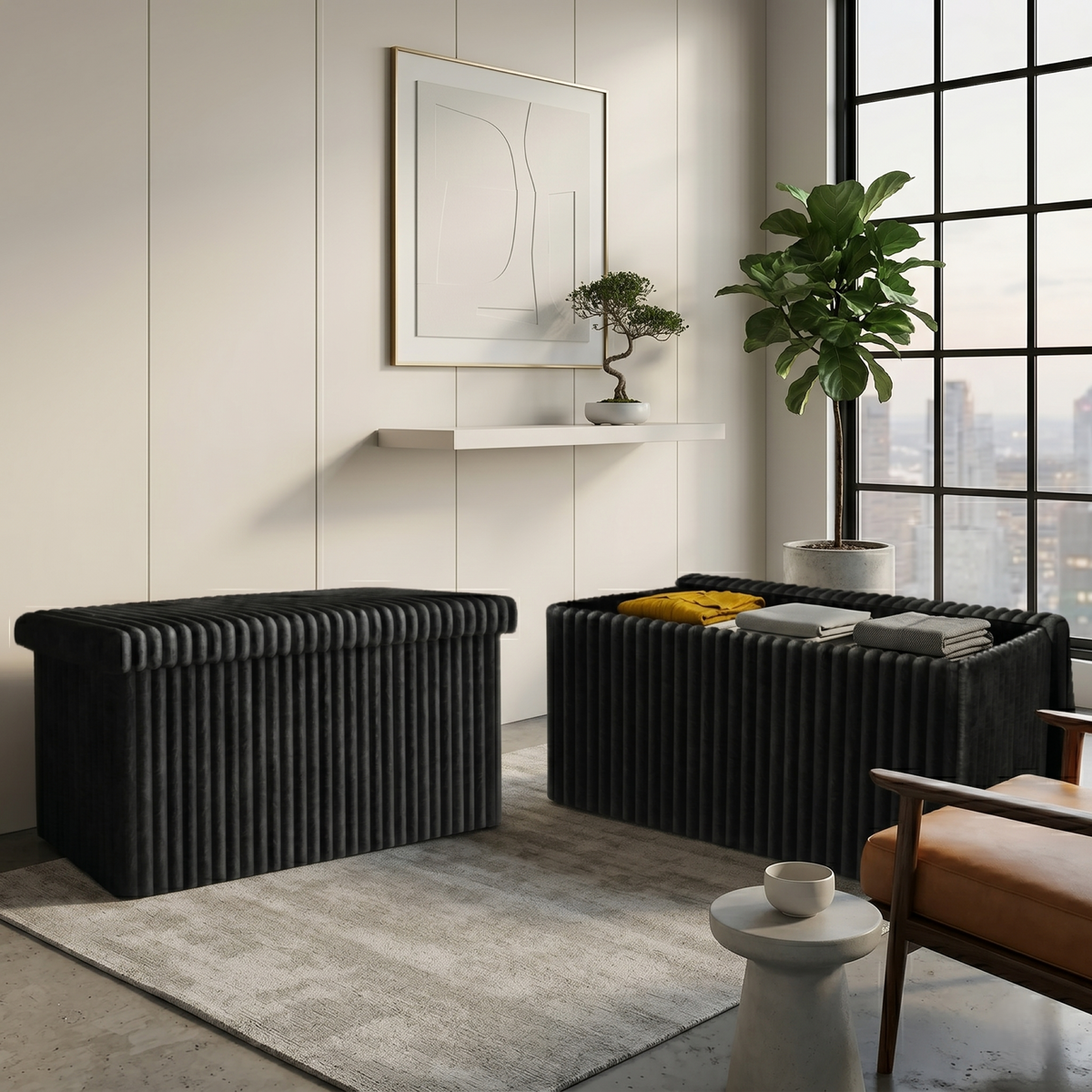 Florence Upholstered Folding Storage Bench Set of 2 with Foam Filled Seat, Multi-Purpose Rectangular Ottoman for Seating and Hidden Storage in Living Room or Office