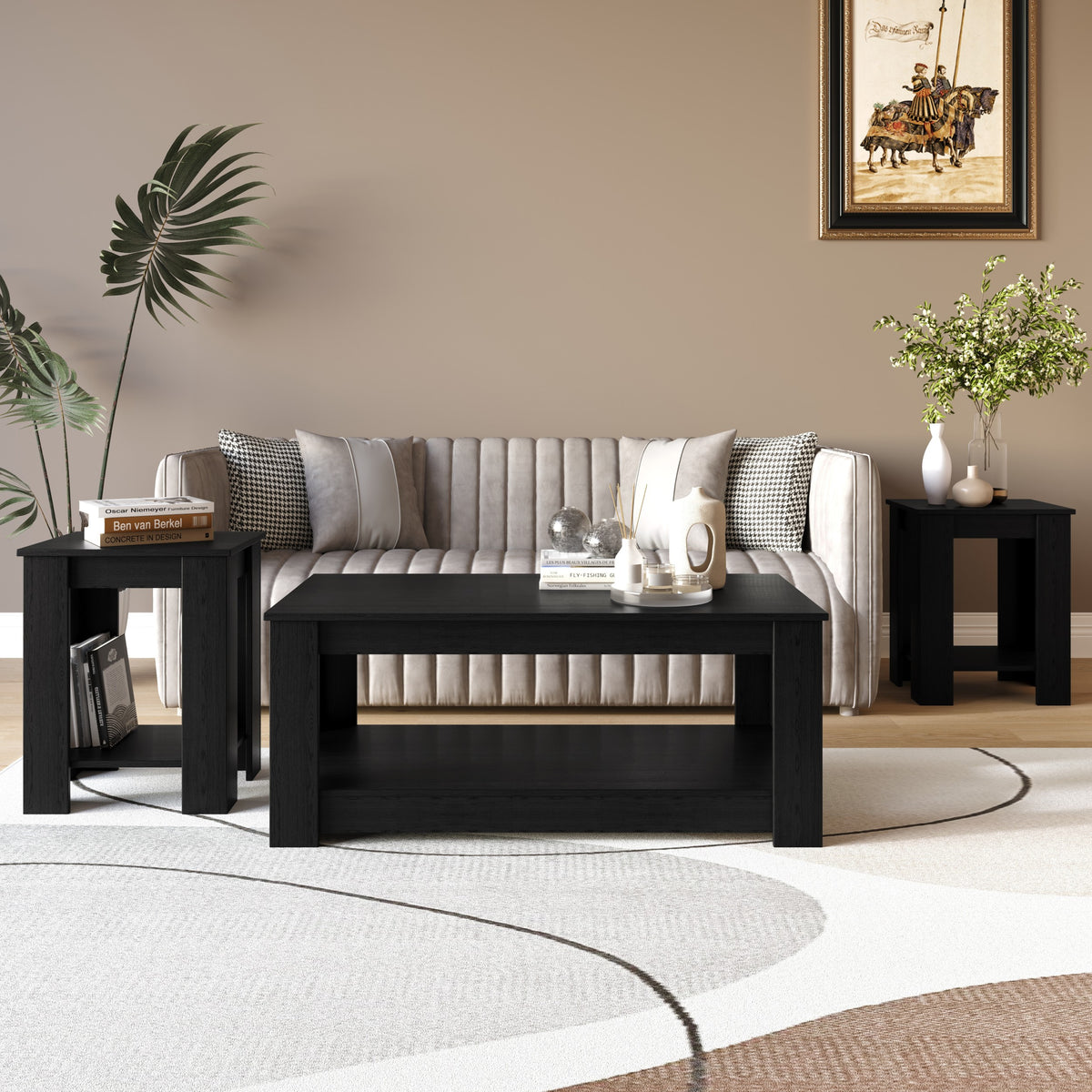 Gloria 3-Piece Coffee Table Set with Rectangular Coffee Table and Two Square End Tables, Modern Open Shelf Design for Living Room Storage and Display