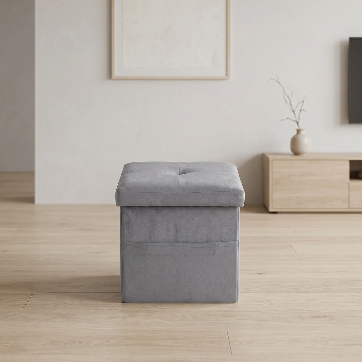 Chico 12" Tufted Upholstered Folding Storage Bench with Deep Cushion and Front Pocket, Multi-Purpose Rectangular Design for Bedroom, Entryway, or Living Room, Light Gray