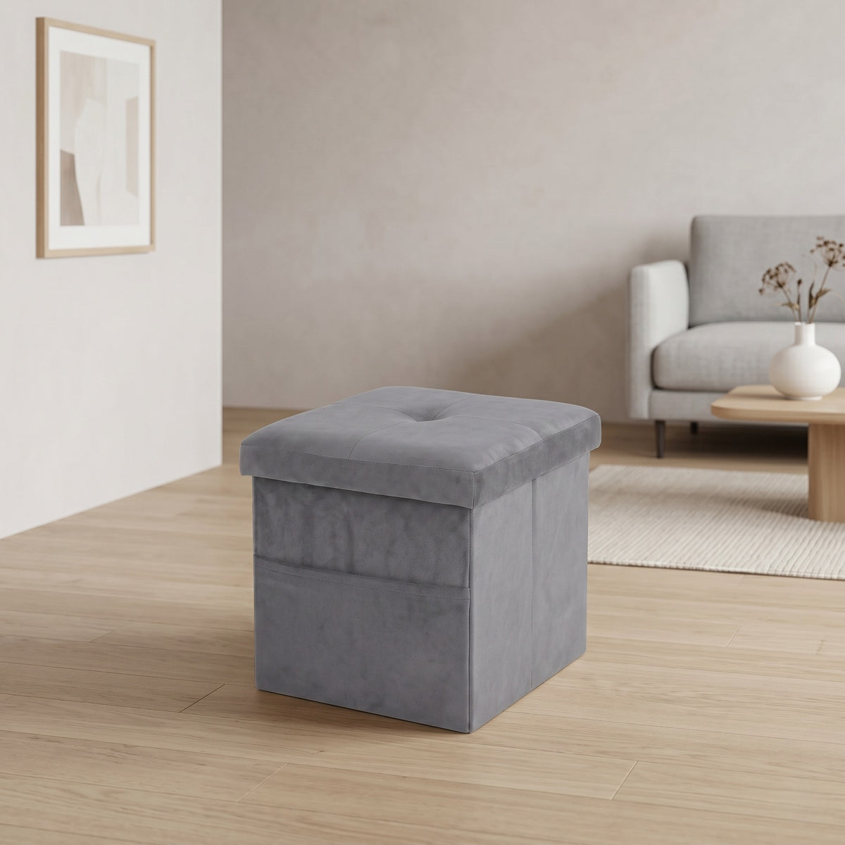 Chico 12" Tufted Upholstered Folding Storage Bench with Deep Cushion and Front Pocket, Multi-Purpose Rectangular Design for Bedroom, Entryway, or Living Room, Light Gray