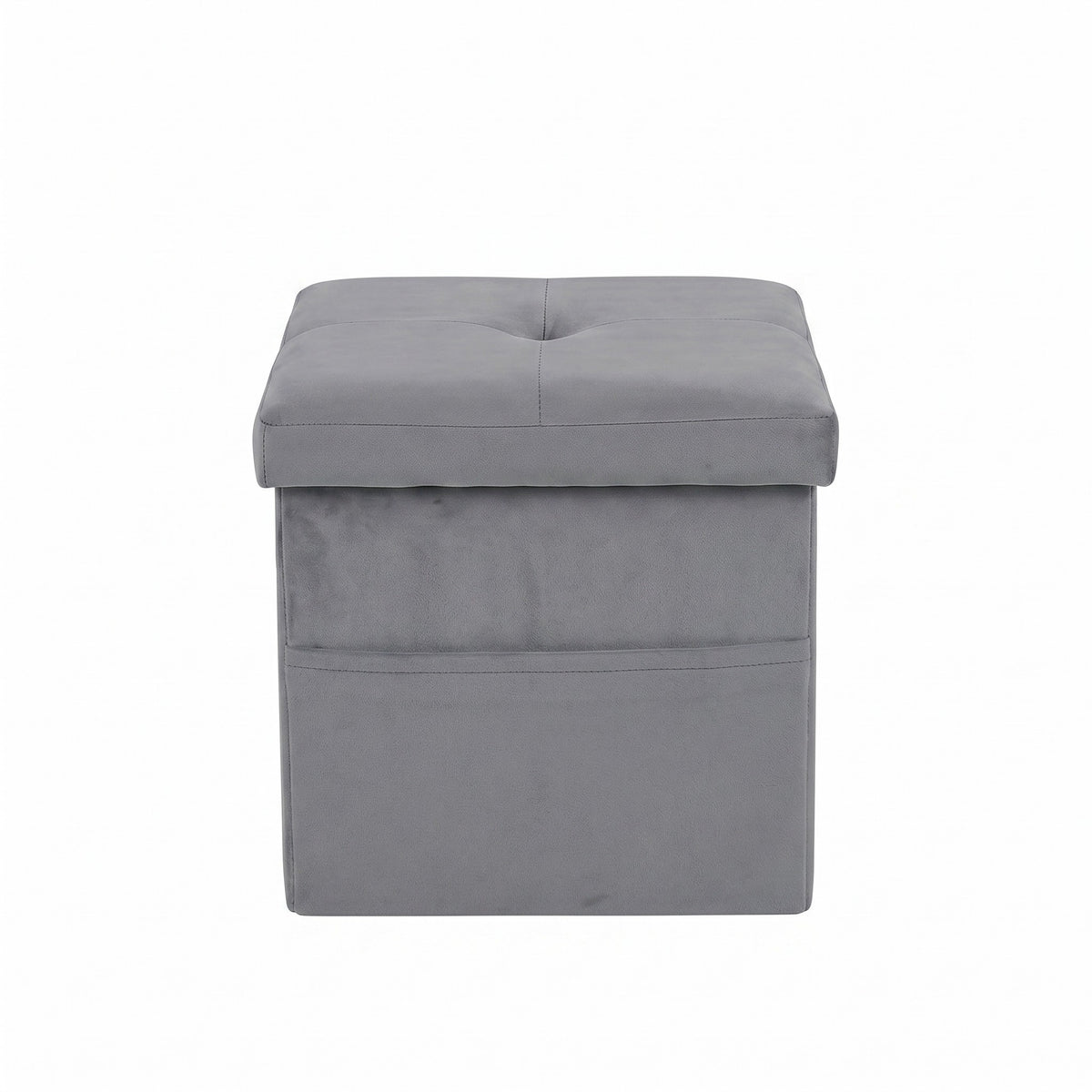Chico 12" Tufted Upholstered Folding Storage Bench with Deep Cushion and Front Pocket, Multi-Purpose Rectangular Design for Bedroom, Entryway, or Living Room, Light Gray