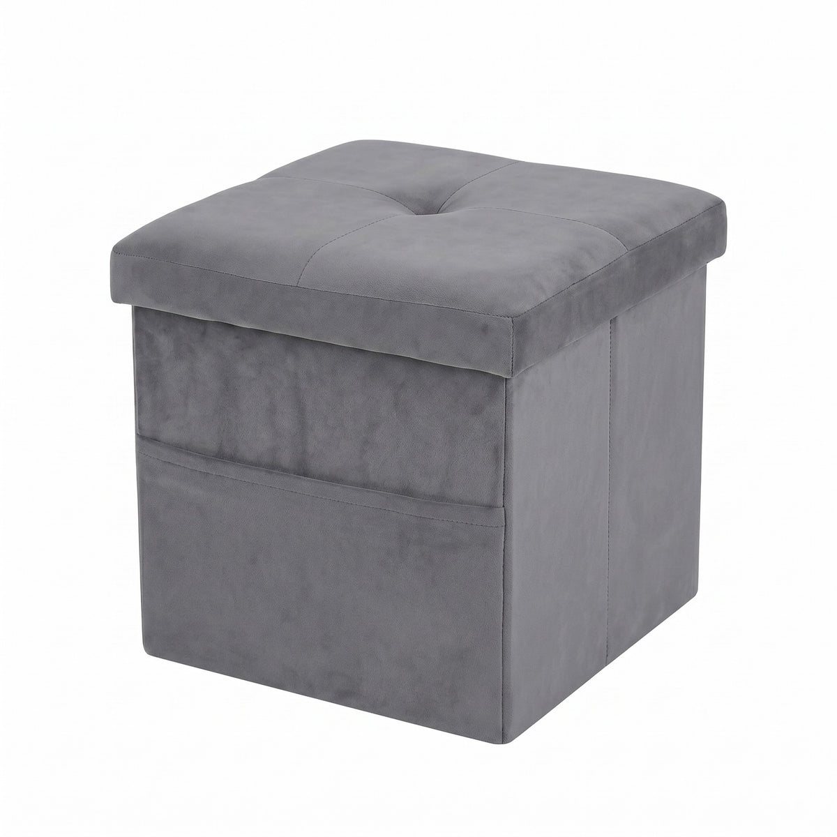 Chico 12" Tufted Upholstered Folding Storage Bench with Deep Cushion and Front Pocket, Multi-Purpose Rectangular Design for Bedroom, Entryway, or Living Room, Light Gray