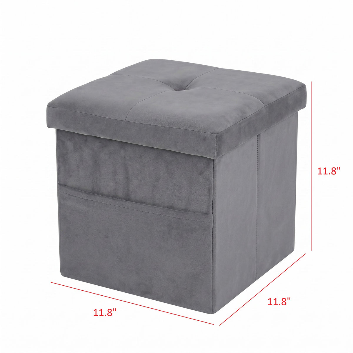 Chico 12" Tufted Upholstered Folding Storage Bench with Deep Cushion and Front Pocket, Multi-Purpose Rectangular Design for Bedroom, Entryway, or Living Room, Light Gray