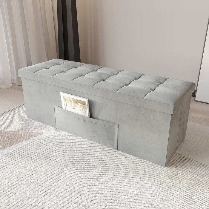 Chico 12" Tufted Upholstered Folding Storage Bench with Deep Cushion and Front Pocket, Multi-Purpose Rectangular Design for Bedroom, Entryway, or Living Room, Light Gray