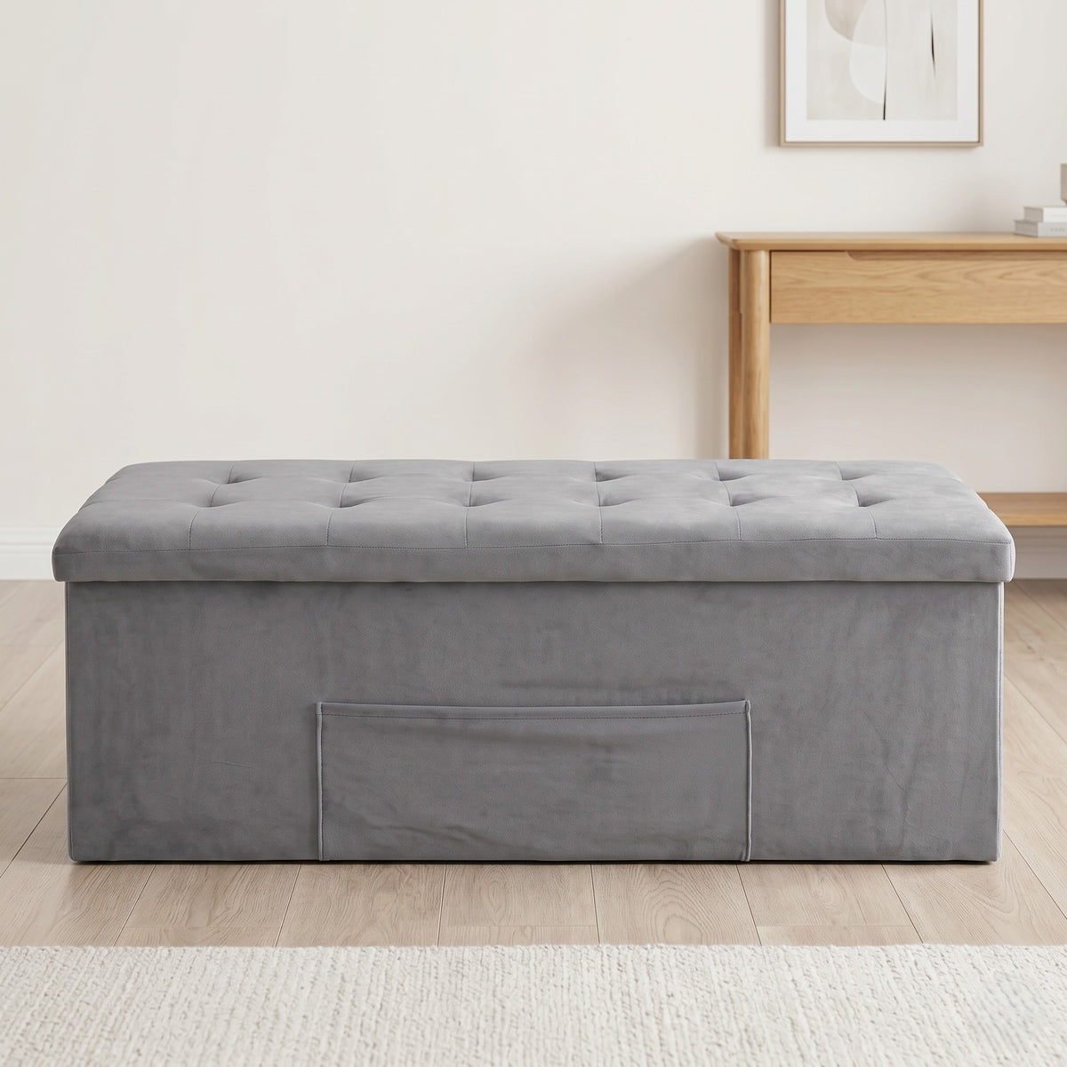 Chico 12" Tufted Upholstered Folding Storage Bench with Deep Cushion and Front Pocket, Multi-Purpose Rectangular Design for Bedroom, Entryway, or Living Room, Light Gray