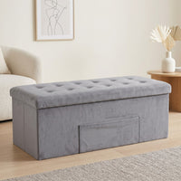 Chico 12" Tufted Upholstered Folding Storage Bench with Deep Cushion and Front Pocket, Multi-Purpose Rectangular Design for Bedroom, Entryway, or Living Room, Light Gray