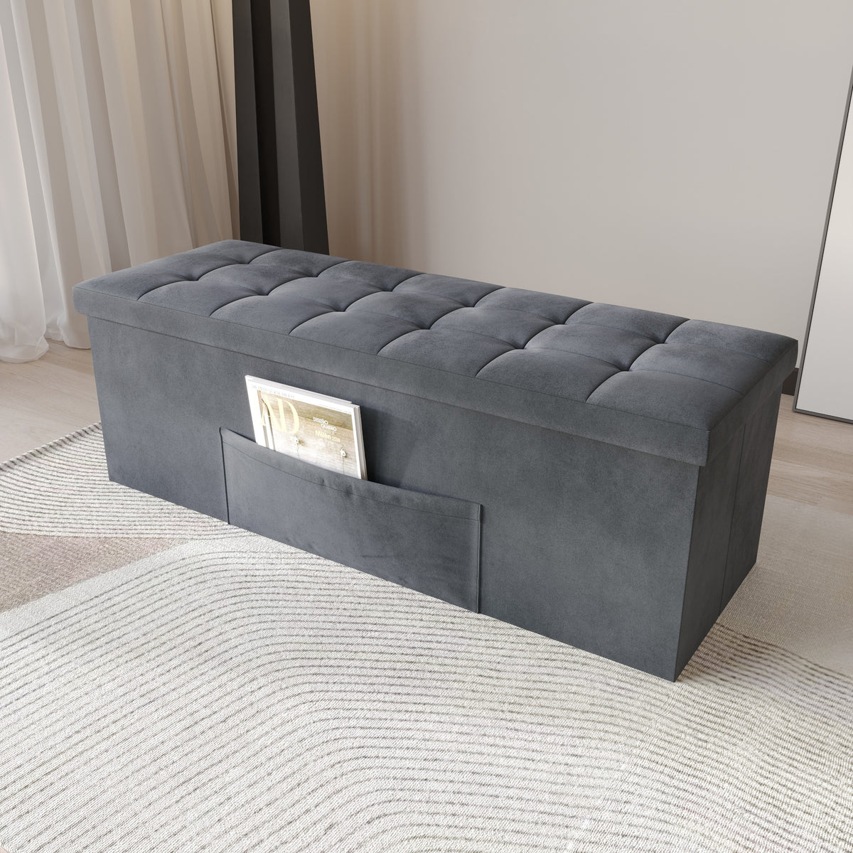 Home Design Chico Tufted Upholstered Folding Storage Bench with Pocket