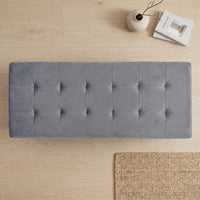 Chico 12" Tufted Upholstered Folding Storage Bench with Deep Cushion and Front Pocket, Multi-Purpose Rectangular Design for Bedroom, Entryway, or Living Room, Light Gray