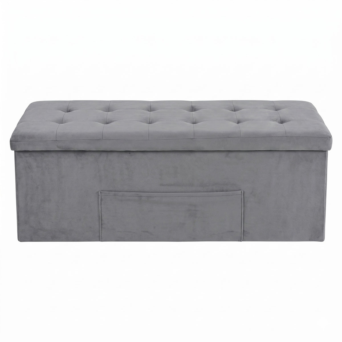 Chico 12" Tufted Upholstered Folding Storage Bench with Deep Cushion and Front Pocket, Multi-Purpose Rectangular Design for Bedroom, Entryway, or Living Room, Light Gray