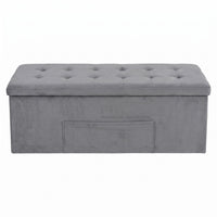Chico 12" Tufted Upholstered Folding Storage Bench with Deep Cushion and Front Pocket, Multi-Purpose Rectangular Design for Bedroom, Entryway, or Living Room, Light Gray