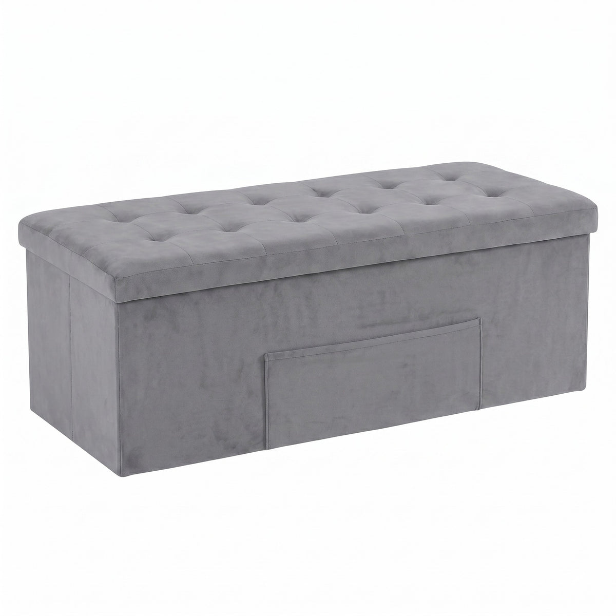 Chico 12" Tufted Upholstered Folding Storage Bench with Deep Cushion and Front Pocket, Multi-Purpose Rectangular Design for Bedroom, Entryway, or Living Room, Light Gray
