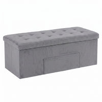 Chico 12" Tufted Upholstered Folding Storage Bench with Deep Cushion and Front Pocket, Multi-Purpose Rectangular Design for Bedroom, Entryway, or Living Room, Light Gray