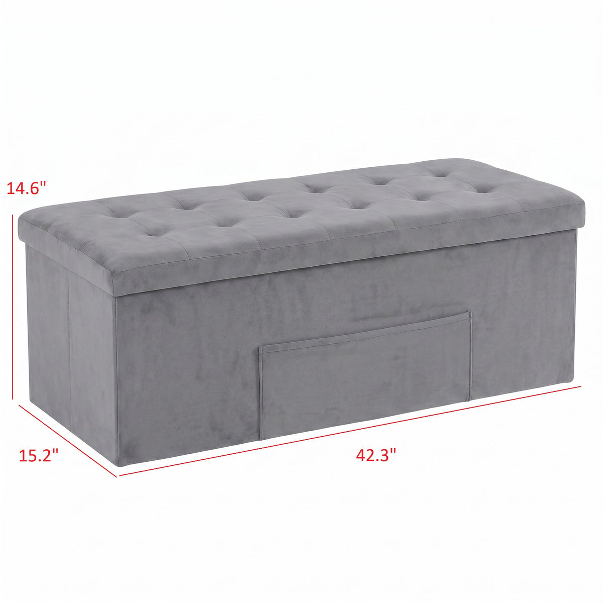 Chico 12" Tufted Upholstered Folding Storage Bench with Deep Cushion and Front Pocket, Multi-Purpose Rectangular Design for Bedroom, Entryway, or Living Room, Light Gray