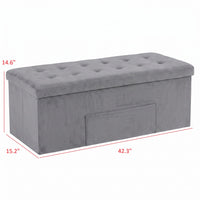 Chico 12" Tufted Upholstered Folding Storage Bench with Deep Cushion and Front Pocket, Multi-Purpose Rectangular Design for Bedroom, Entryway, or Living Room, Light Gray