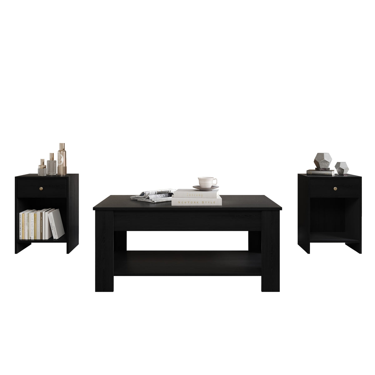 Home Design Magnolia 3 Piece Coffee Table Set - Includes Coffee table with Lift-Up top and 2 End Tables
