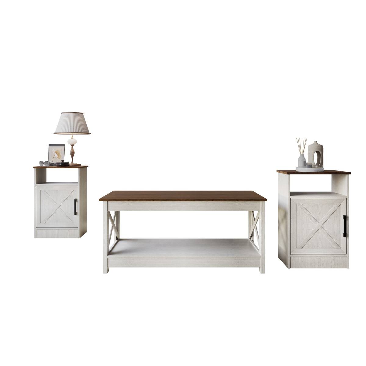 Home Design Lebanon 3 Piece Coffee Table Set - Includes coffee table and 2 end tables, With Soft-Close Doors