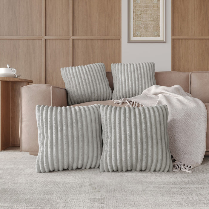 Home Design Laconia Square Velvet Pillow Covers 18x18 Inch, Set of 4 for Sofa Bedroom Living Room, Soft Fluffy Striped