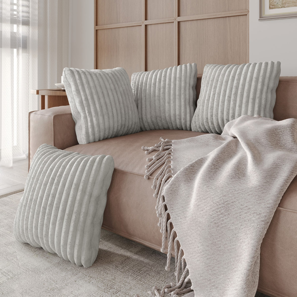 Home Design Laconia Square Velvet Pillow Covers 18x18 Inch, Set of 4 for Sofa Bedroom Living Room, Soft Fluffy Striped