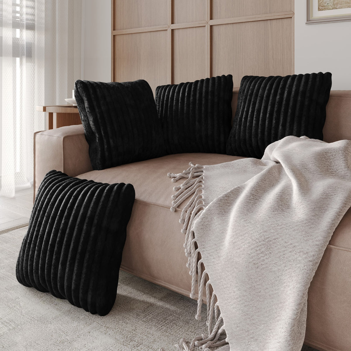 Home Design Laconia Square Velvet Pillow Covers 18x18 Inch, Set of 4 for Sofa Bedroom Living Room, Soft Fluffy Striped