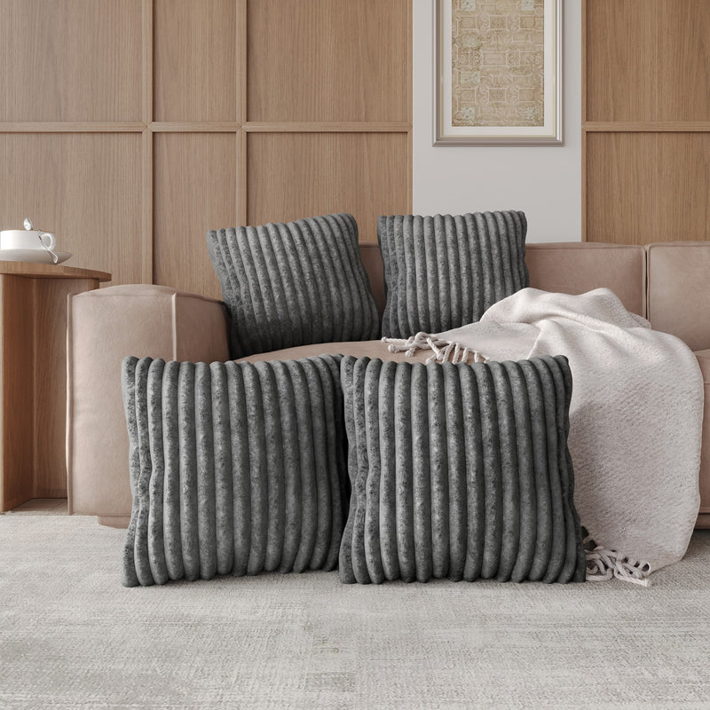 Home Design Laconia Square Velvet Pillow Covers 18x18 Inch, Set of 4 for Sofa Bedroom Living Room, Soft Fluffy Striped