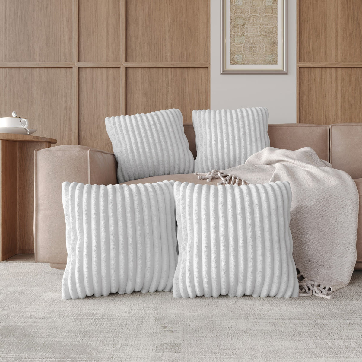 Home Design Laconia Square Velvet Pillow Covers 18x18 Inch, Set of 4 for Sofa Bedroom Living Room, Soft Fluffy Striped