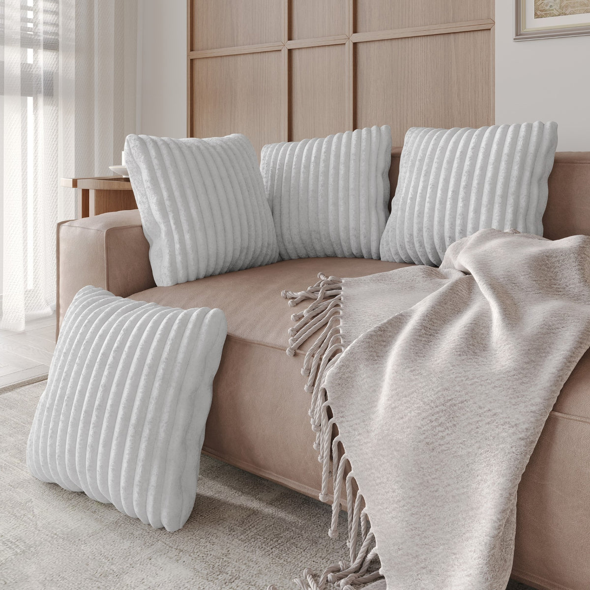 Home Design Laconia Square Velvet Pillow Covers 18x18 Inch, Set of 4 for Sofa Bedroom Living Room, Soft Fluffy Striped