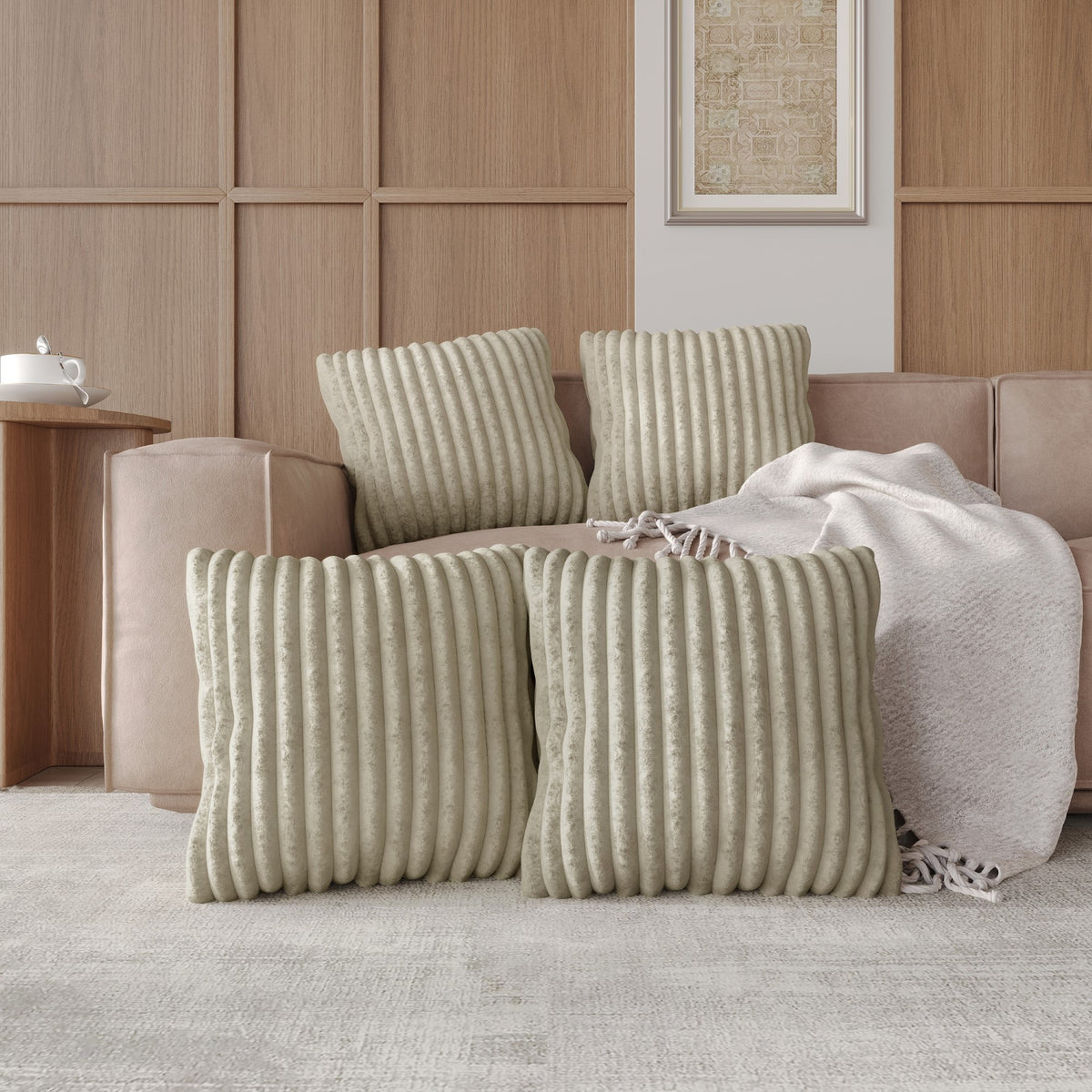 Home Design Laconia Square Velvet Pillow Covers 18x18 Inch, Set of 4 for Sofa Bedroom Living Room, Soft Fluffy Striped