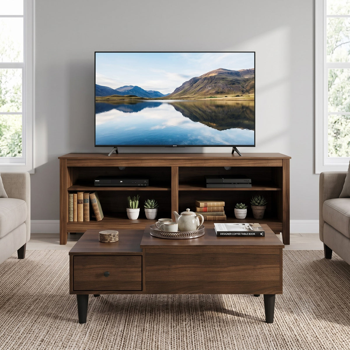 Kittery TV Stand with Storage Shelves and Caribou Lift-Top Coffee Table Set, Rustic Entertainment Center with Hidden Storage for Living Room