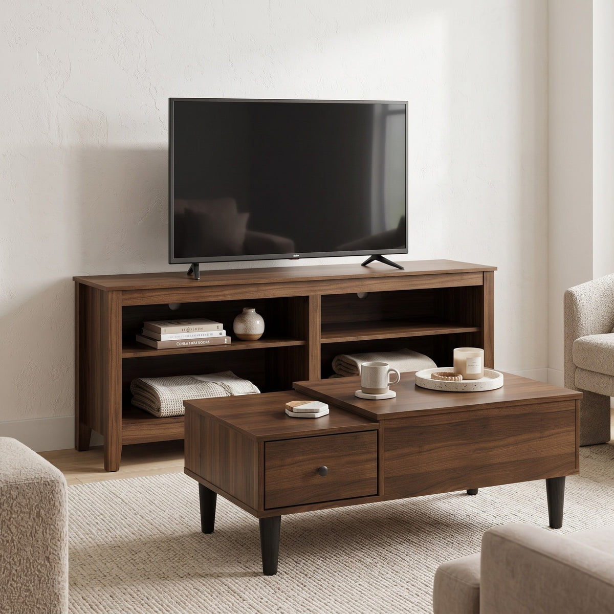 Kittery TV Stand with Storage Shelves and Caribou Lift-Top Coffee Table Set, Rustic Entertainment Center with Hidden Storage for Living Room