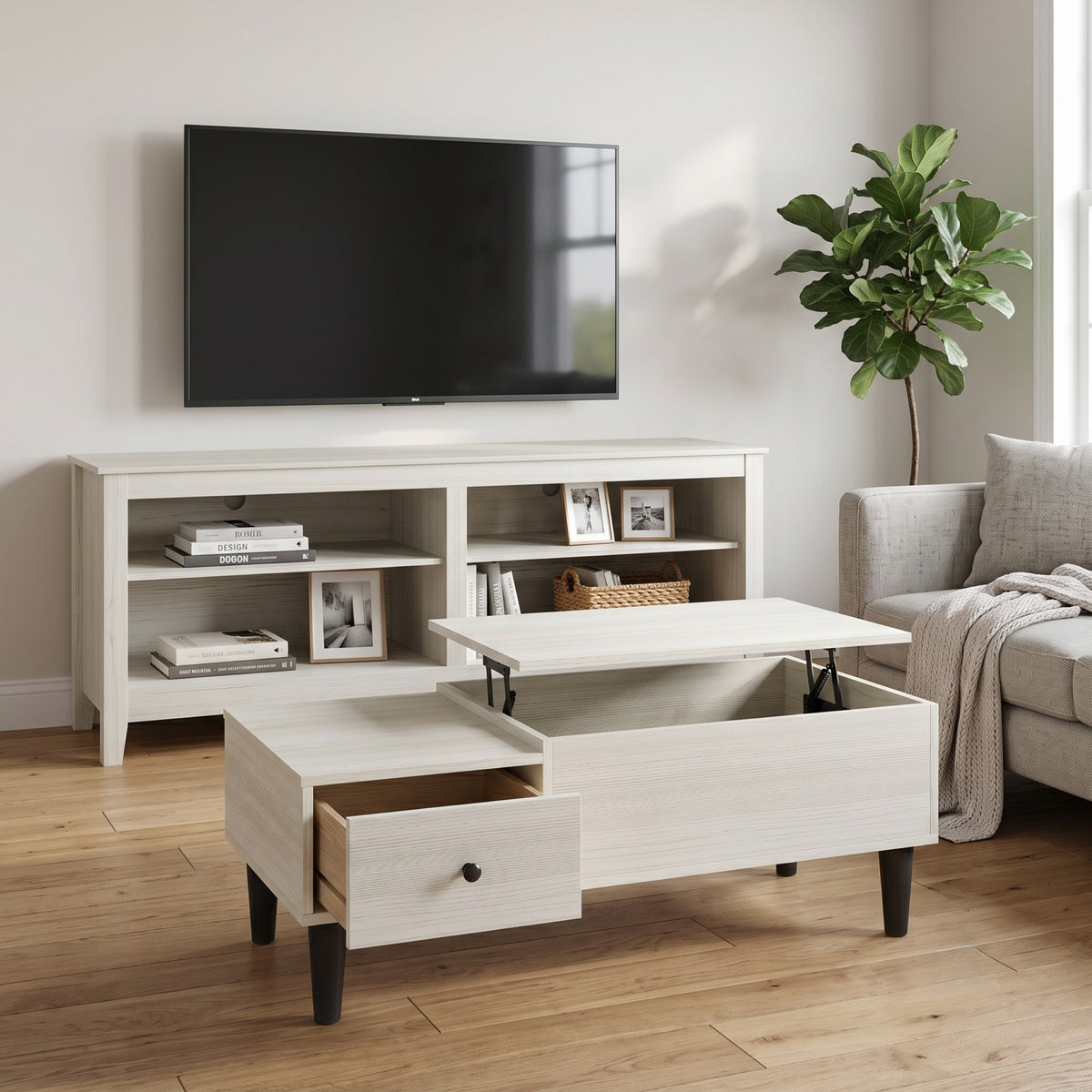 Kittery TV Stand with Storage Shelves and Caribou Lift-Top Coffee Table Set, Rustic Entertainment Center with Hidden Storage for Living Room