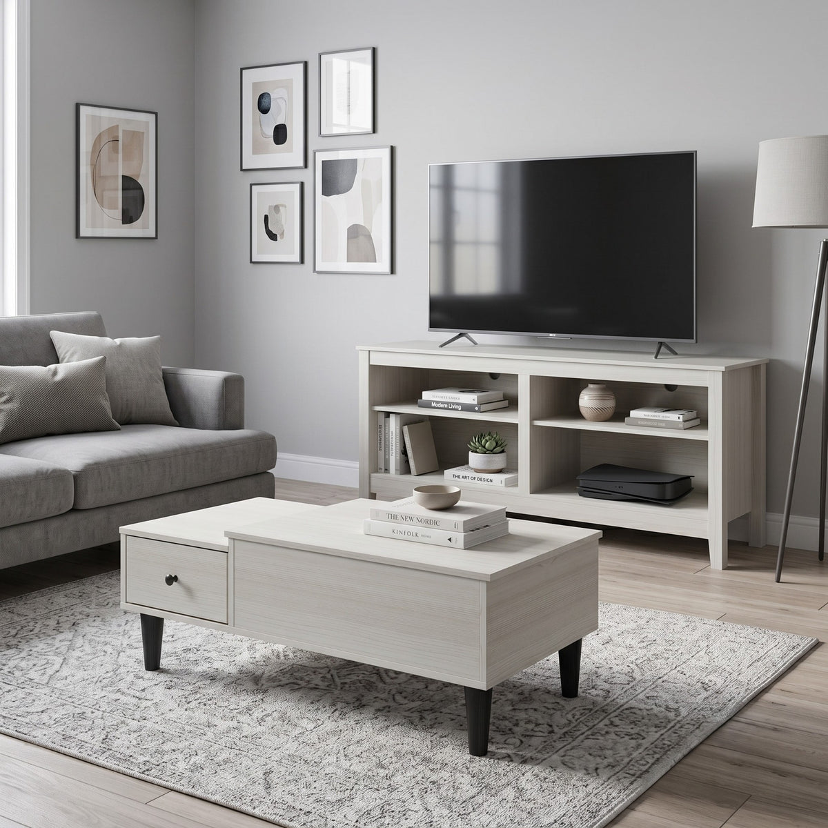 Kittery TV Stand with Storage Shelves and Caribou Lift-Top Coffee Table Set, Rustic Entertainment Center with Hidden Storage for Living Room
