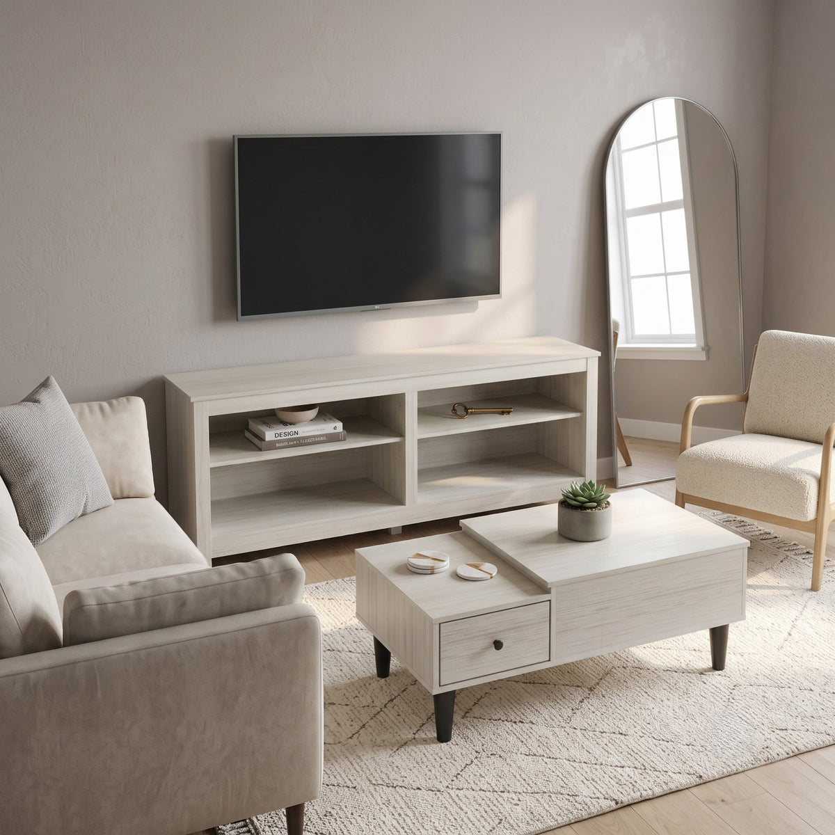 Kittery TV Stand with Storage Shelves and Caribou Lift-Top Coffee Table Set, Rustic Entertainment Center with Hidden Storage for Living Room