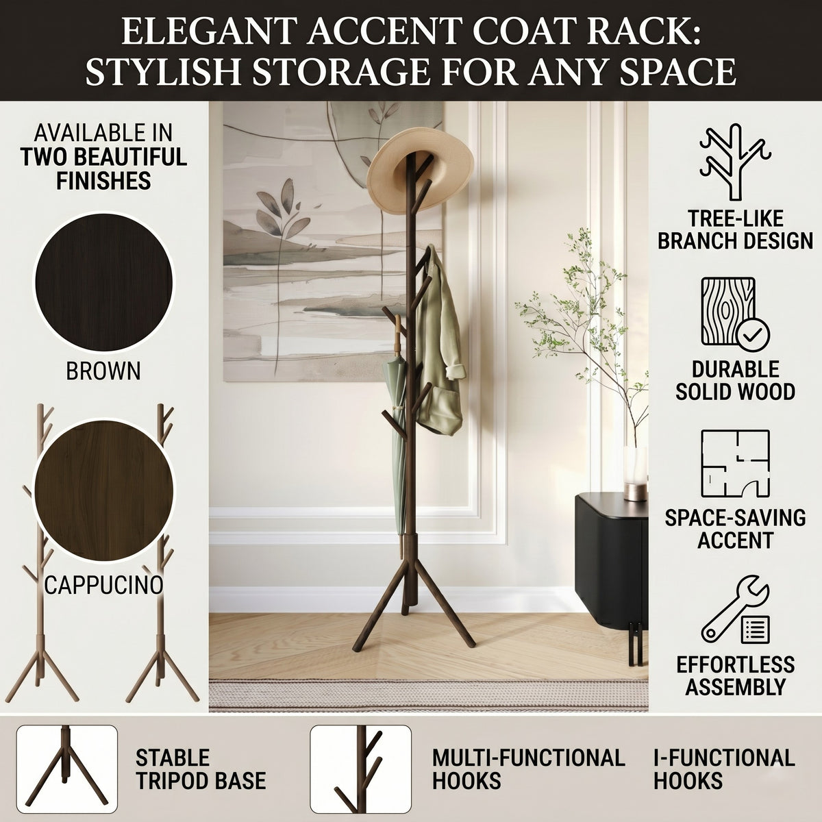 Home Design Houma Solid Wood Freestanding 8-Hook Coat Rack (Set of 2) –Modern Coat Tree Stand for Entryway, Hallway, Bedroom
