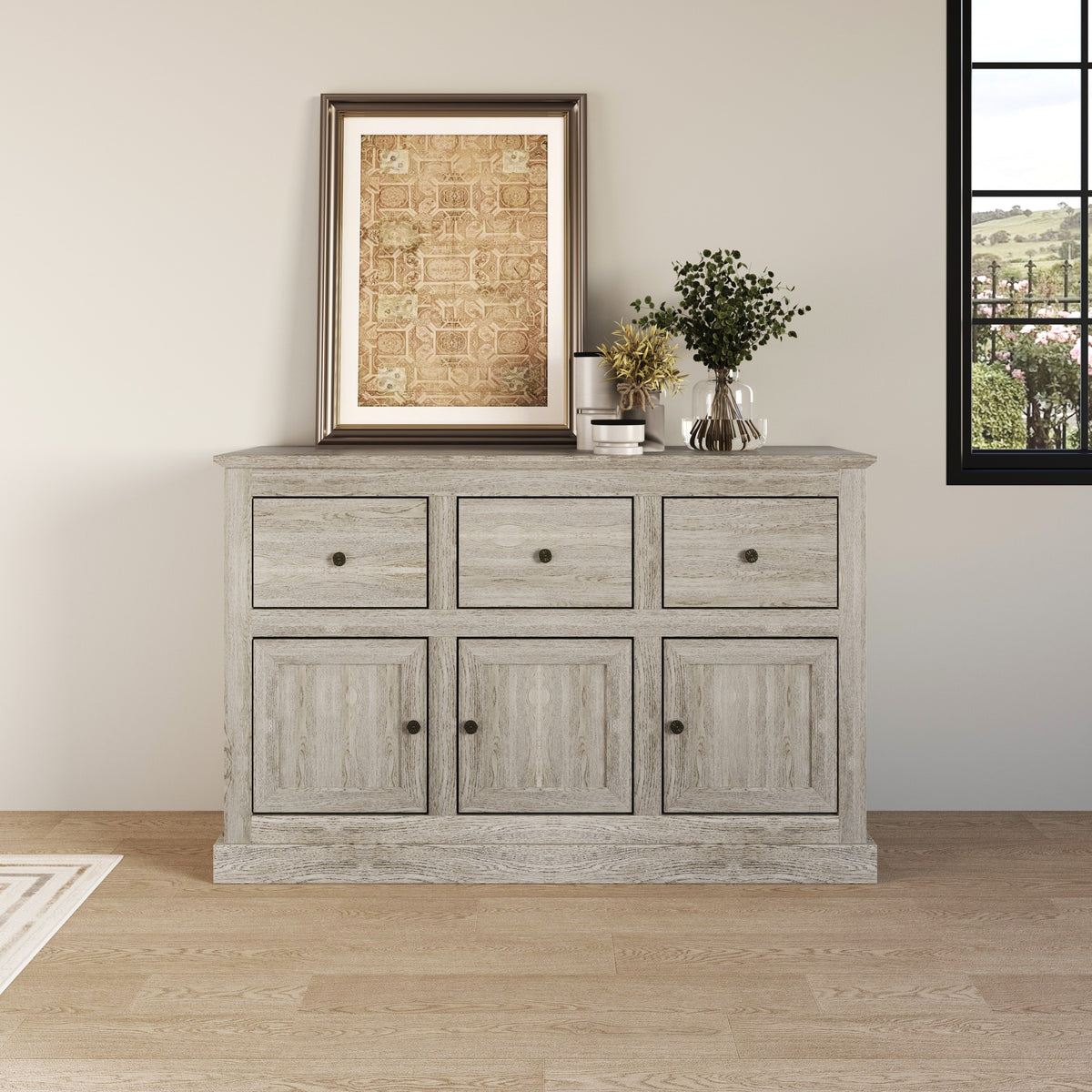 Decatur Farmhouse Storage Sideboard Cabinet with 3 Drawers, 3 Door Cabinets, Spacious Tabletop, and Wood Grain Finish