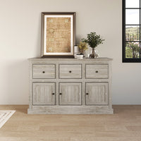Decatur Farmhouse Storage Sideboard Cabinet with 3 Drawers, 3 Door Cabinets, Spacious Tabletop, and Wood Grain Finish